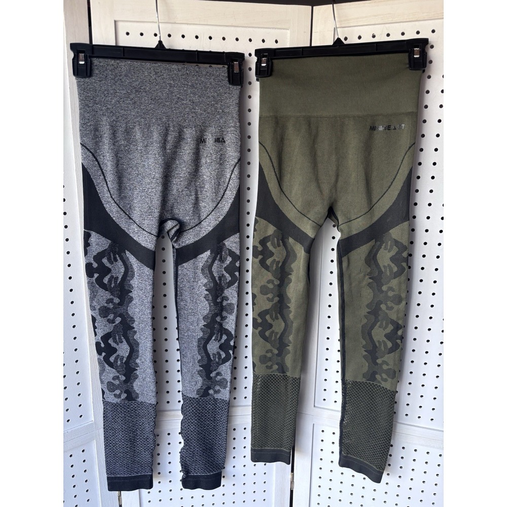 Lot/2 MiniBeast Womens Small Leggings Athletic Yoga Pant Black/Green Mesh Bottom